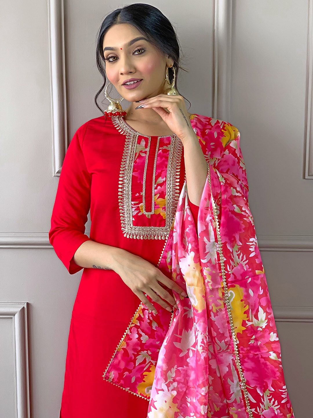 KALINI Ethnic Motifs Yoke Design Thread Work Straight Kurta with Trousers & Dupatta