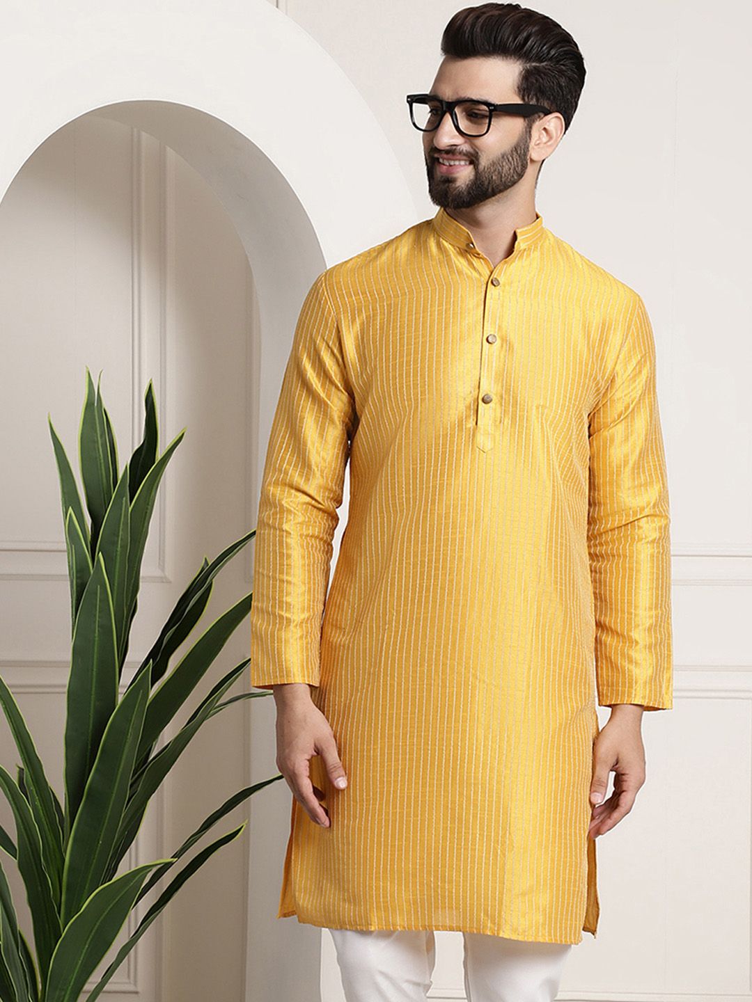 SOJANYA Kolar Jalur Berjalur Lengan Panjang Kurta Lurus