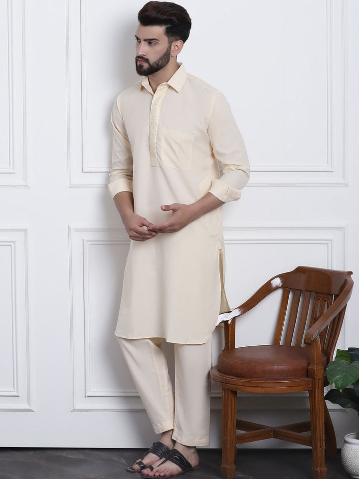 SOJANYA Shirt Collar Curved Hem Pathani Kurta with Salwar