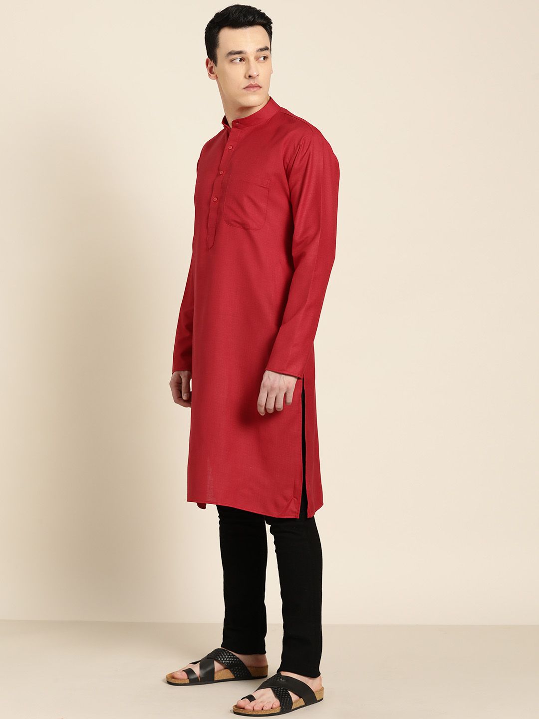 SOJANYA Men Maroon Solid Straight Kurta