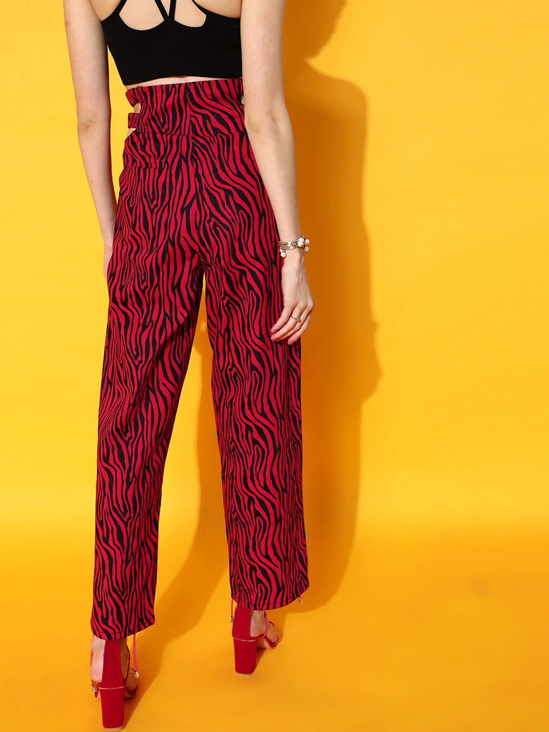 STREET 9 Women Red Abstract Printed Smart Straight Fit High-Rise Trousers
