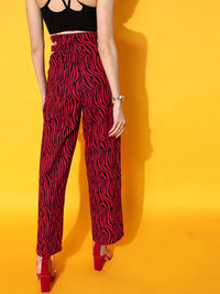 STREET 9 Women Red Abstract Printed Smart Straight Fit High-Rise Trousers