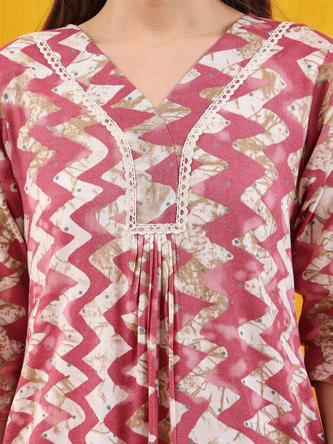 KALINI Chevron Printed V-Neck Straight Kurta With Palazzo And Dupatta
