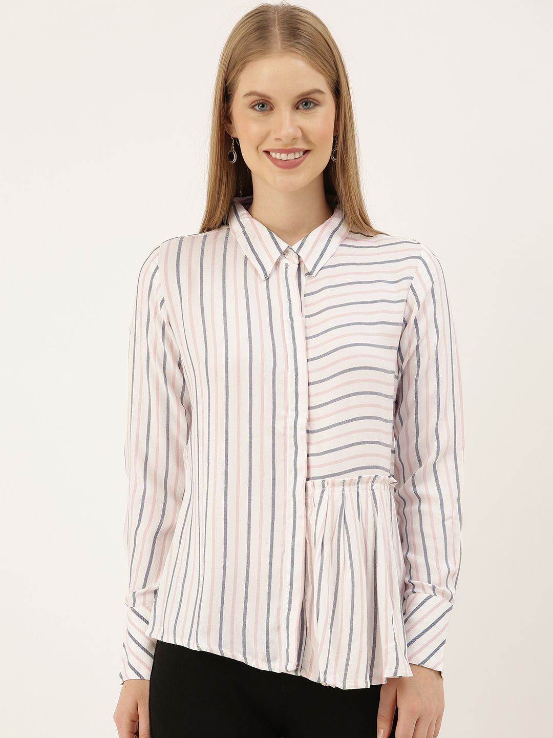 AND Women White & Black Striped Regular Fit Casual Shirt