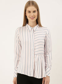 AND Women White & Black Striped Regular Fit Casual Shirt
