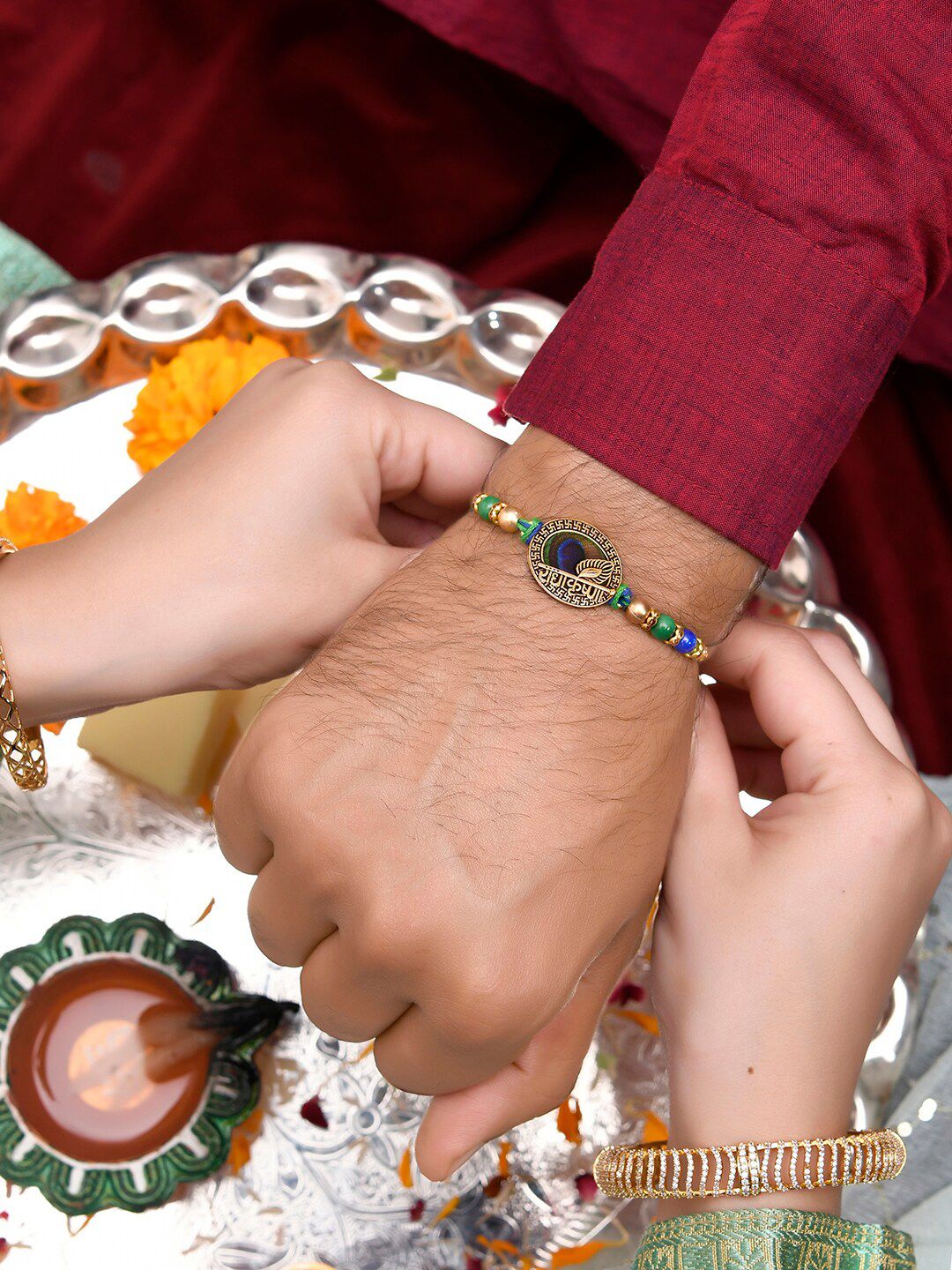 Voylla Beaded Peacock Feather Thread Rakhi