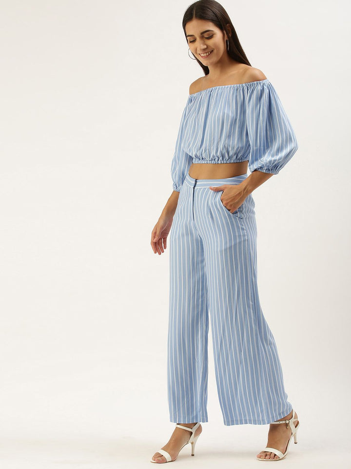 AND Blue & White Off-Shoulder Striped Co-Ords Set