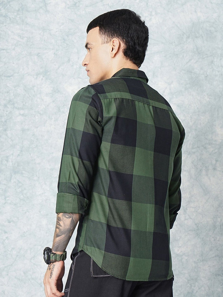 The Indian Garage Co Men Olive Green Grid Tattersall Checked Pure Cotton Casual Shirt