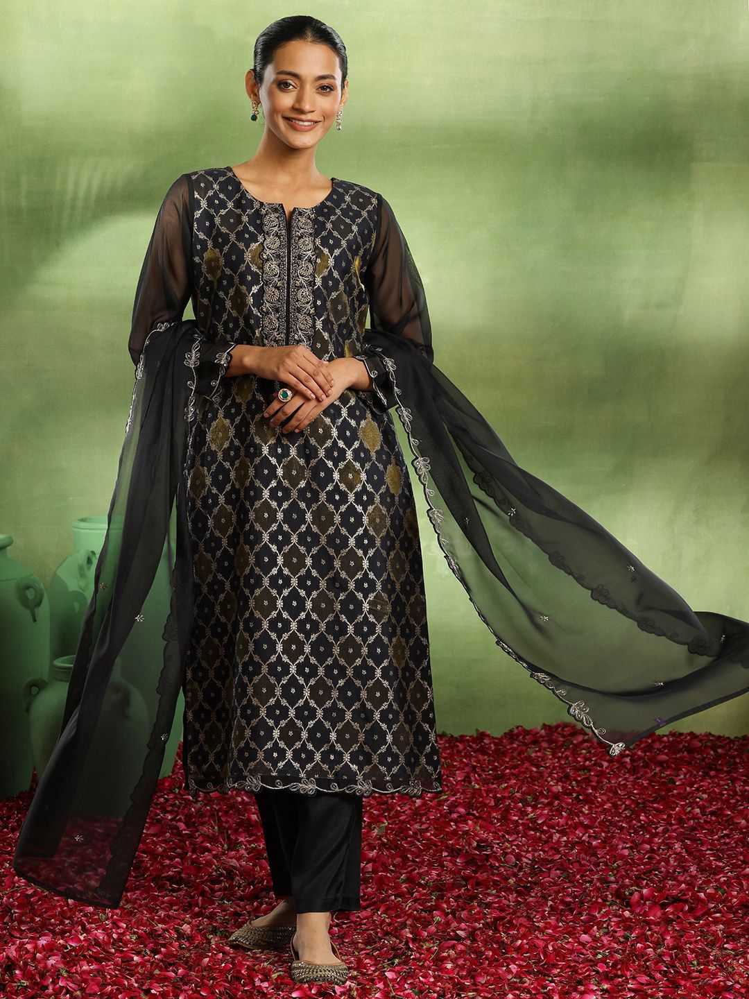 Libas Ethnic Motifs Woven Design Zari Work Organza Straight Kurta With Trouser & Dupatta