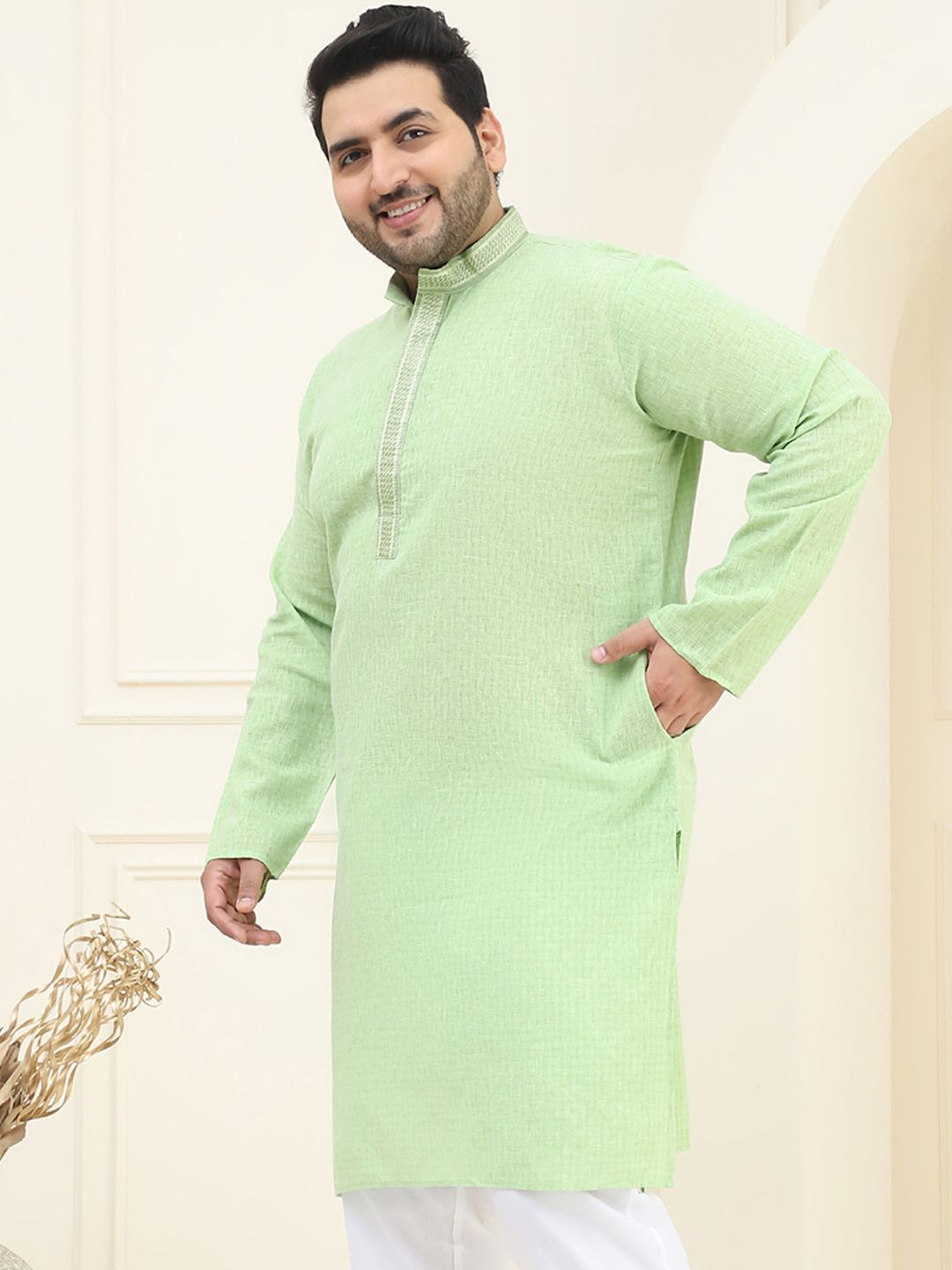 SOJANYA PLUS Size Men Green Solid Pastels Pure Cotton Kurta