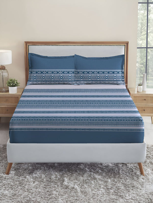 MYTRIDENT Grey & White Ethnic Motifs 210 TC Pure Cotton King Bedsheet with 2 Pillow Covers