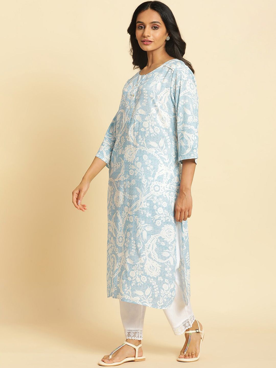 W Floral Printed Round Neck Pure Cotton Straight Kurta