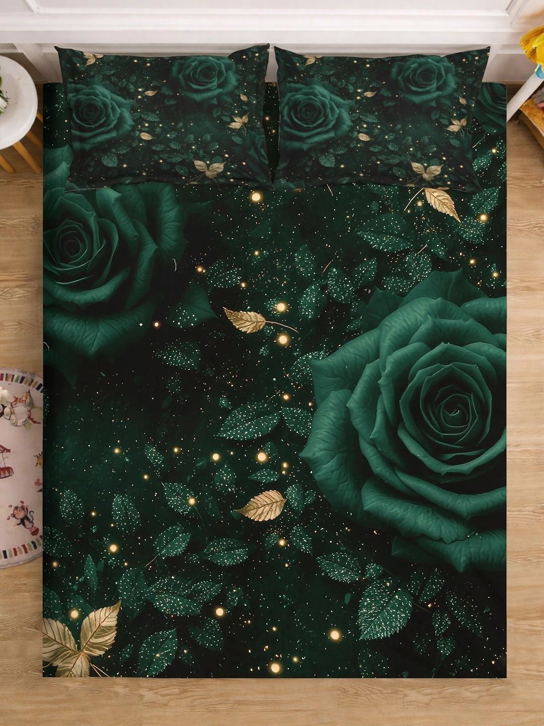 Moda Rapido X KLOTTHE Cadar King Bunga 400 TC Berwarna Hijau & Emas dengan 2 Sarung Bantal