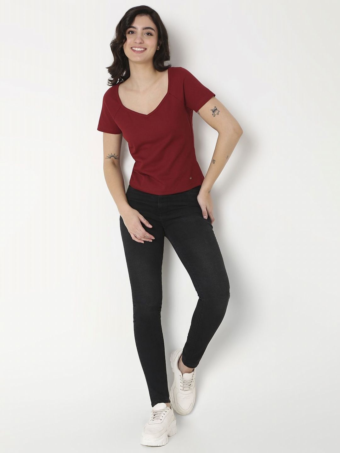 SPYKAR Women Solid V-Neck Cotton Slim Fit T-Shirt