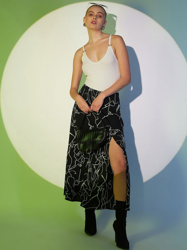 Berrylush Black Abstract Printed A-Line Midi Skirt