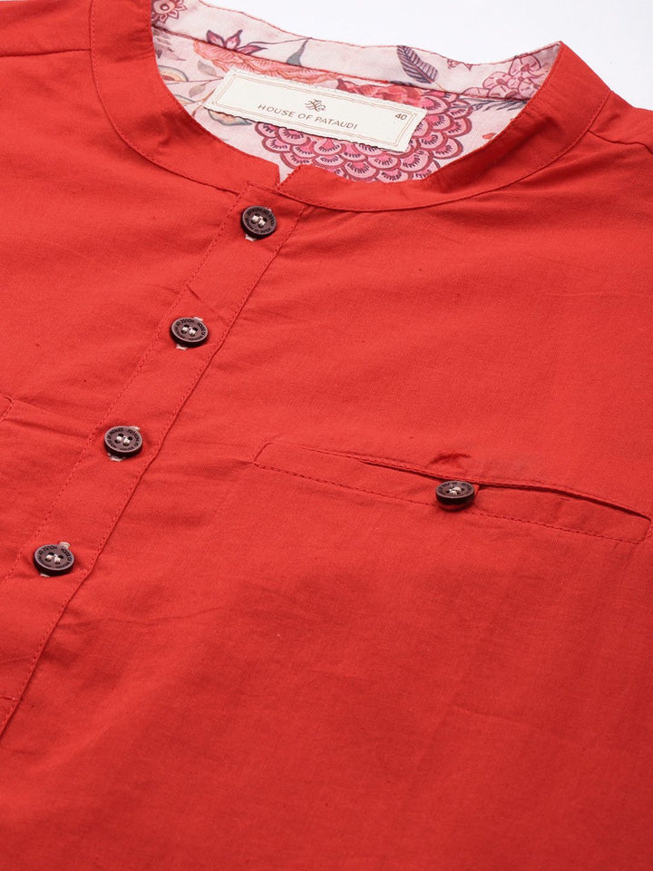 House of Pataudi Mandarin Collar Roll-Up Sleeves Pure Cotton Pathani Rozana Kurta