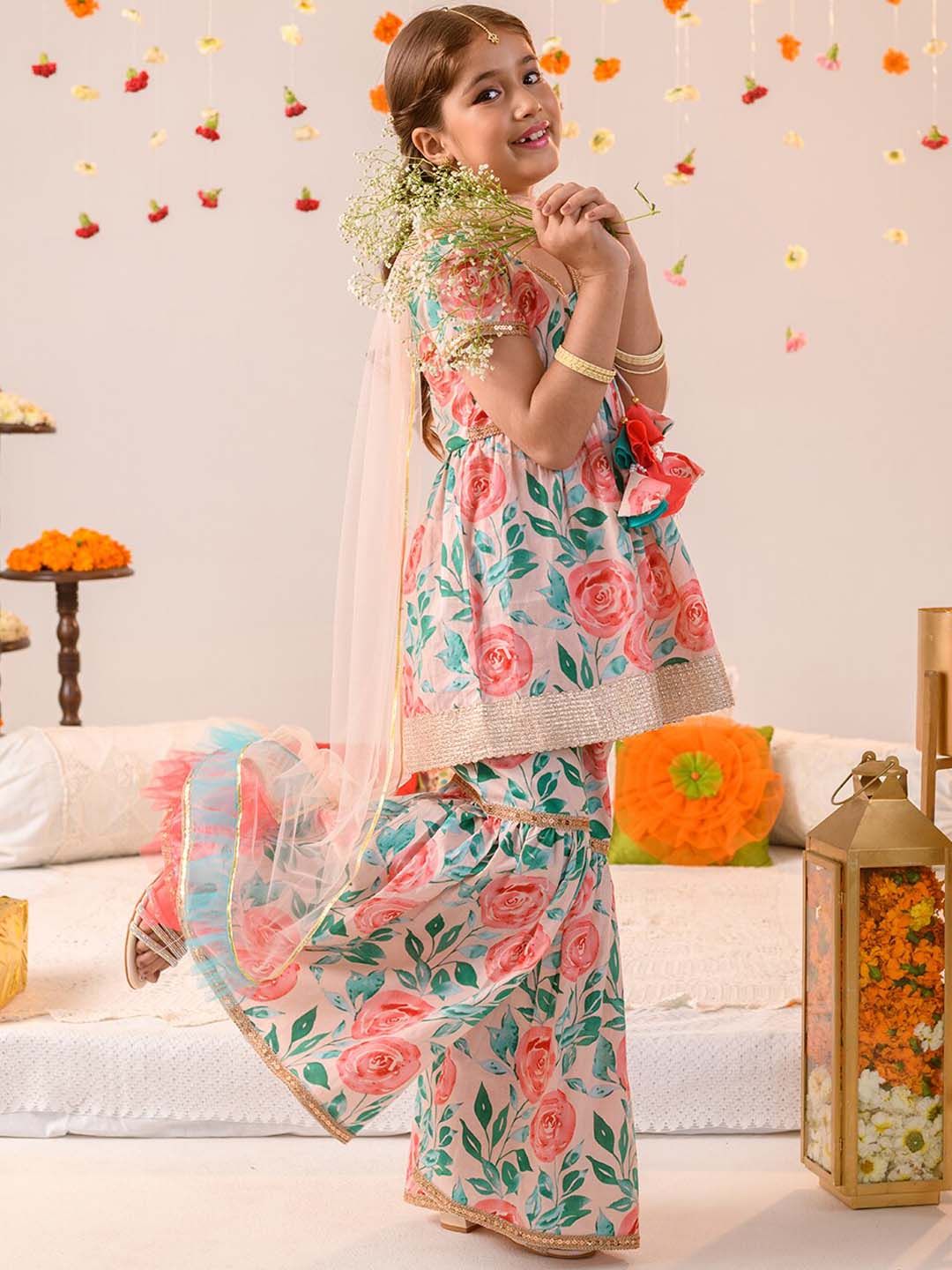 pspeaches Girls Floral Printed Regular Pure Cotton Kurta with Sharara & Dupatta