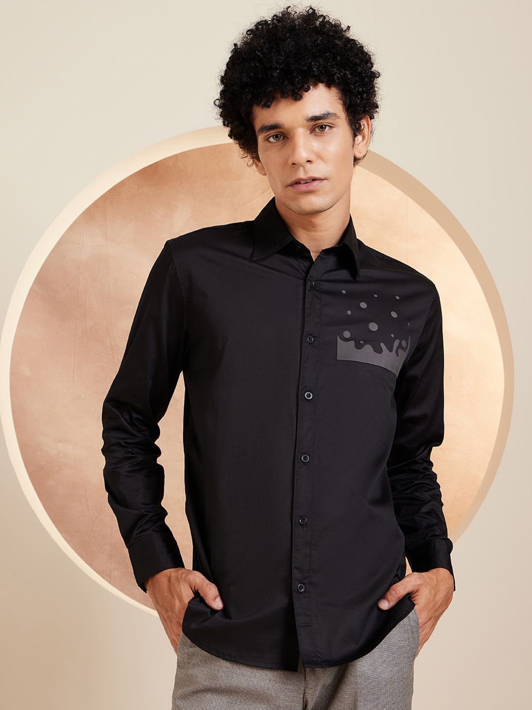 DENNISON Smart Abstract Printed Spread Collar Long Sleeve Cotton Shirt