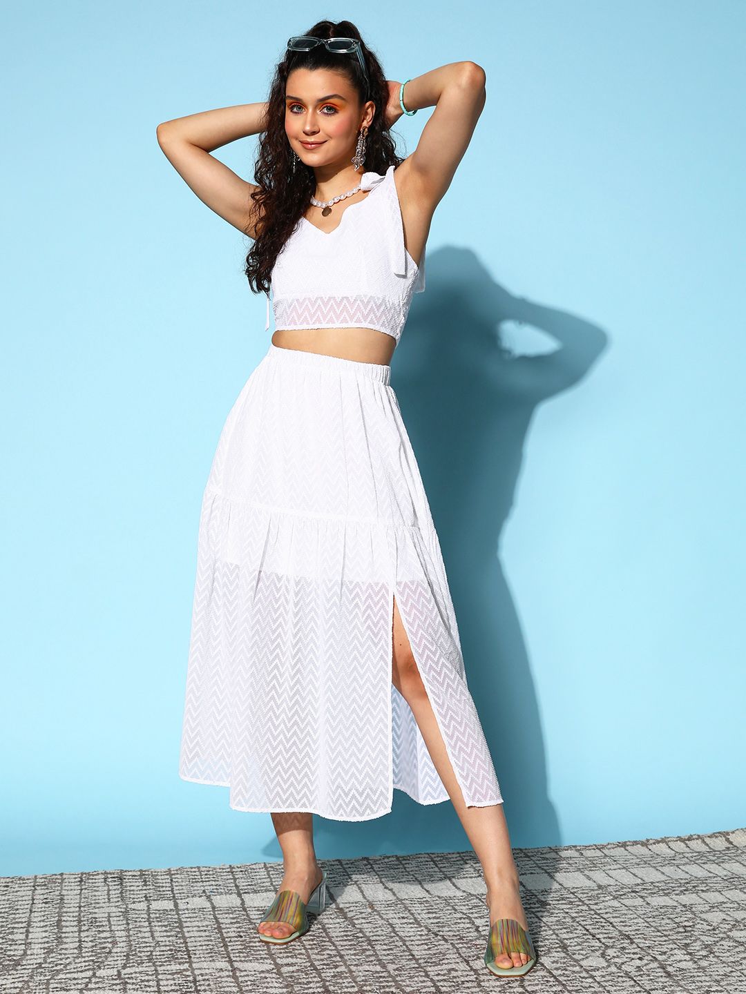 Berrylush Women White Solid Back Tie Shoulder Cami Top & Slit Skirt