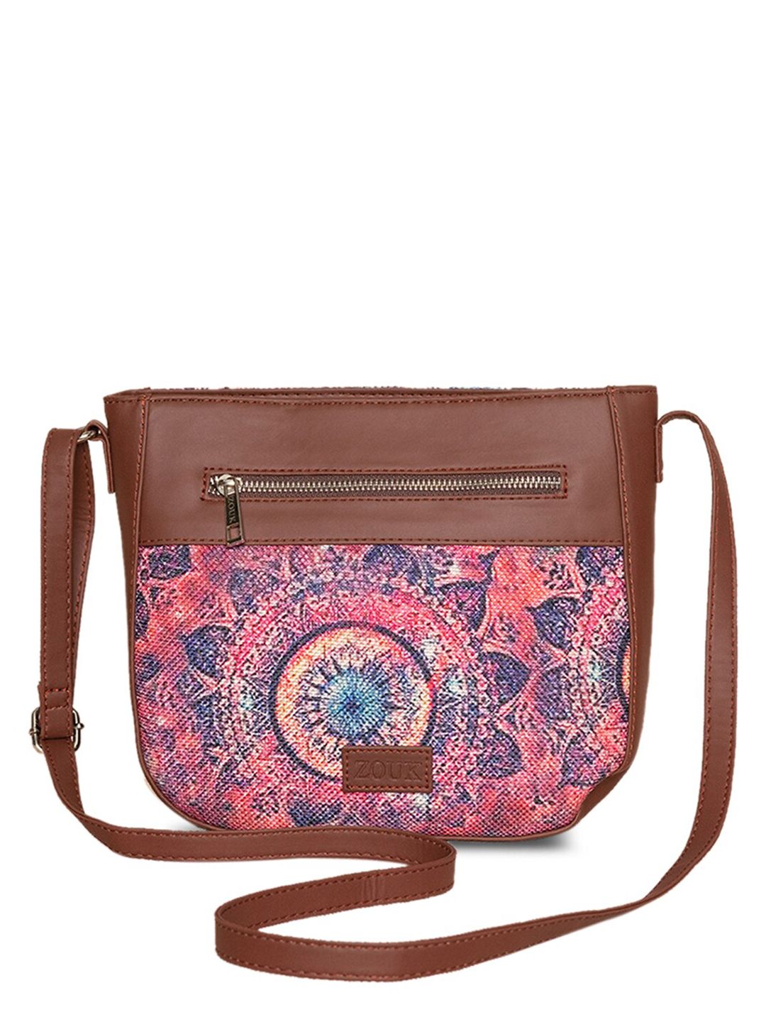 ZOUK Women Pink & Brown Floral Printed Structured Sling Bag