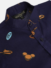 SOJANYA Boys Navy Blue & Brown Print Quirky Cotton Pure Band Collar Kurta