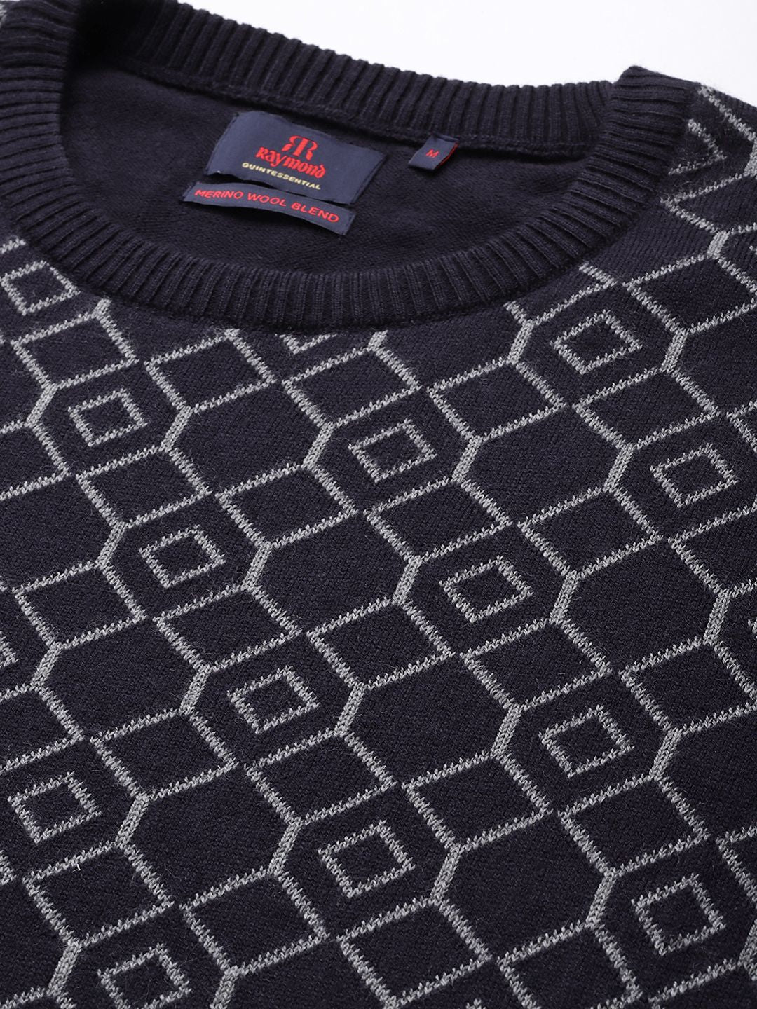 Raymond Men Navy Blue & Grey Self-Design Pullover