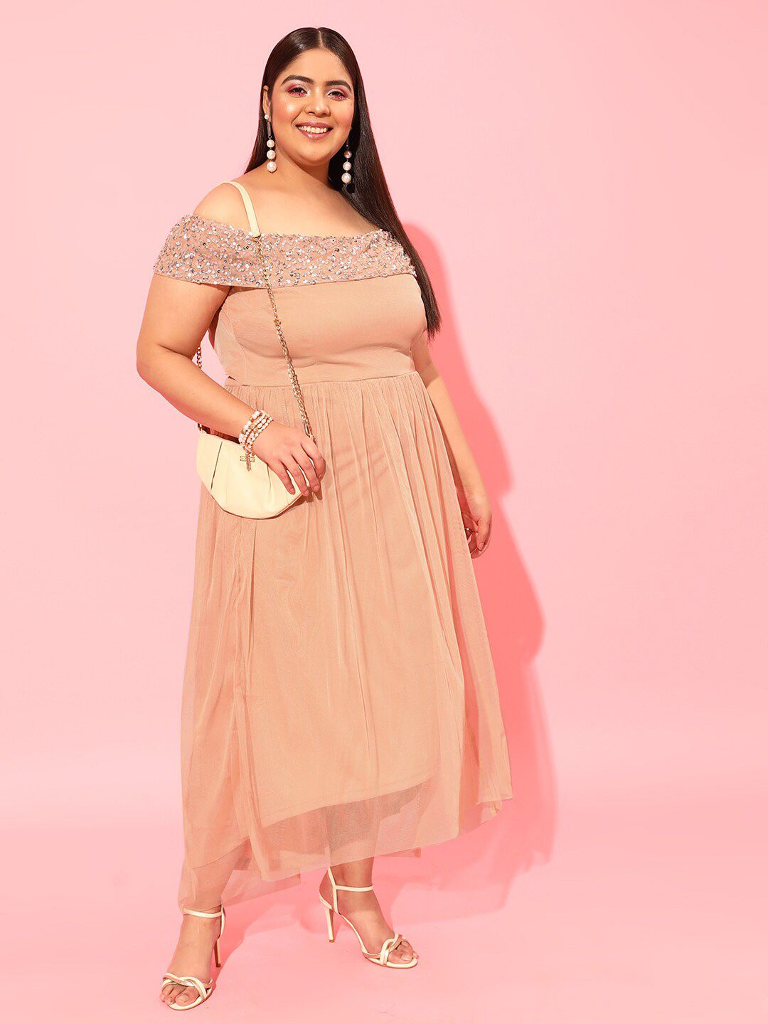 CURVY STREET Peach Plus Size Embellished Net Dress