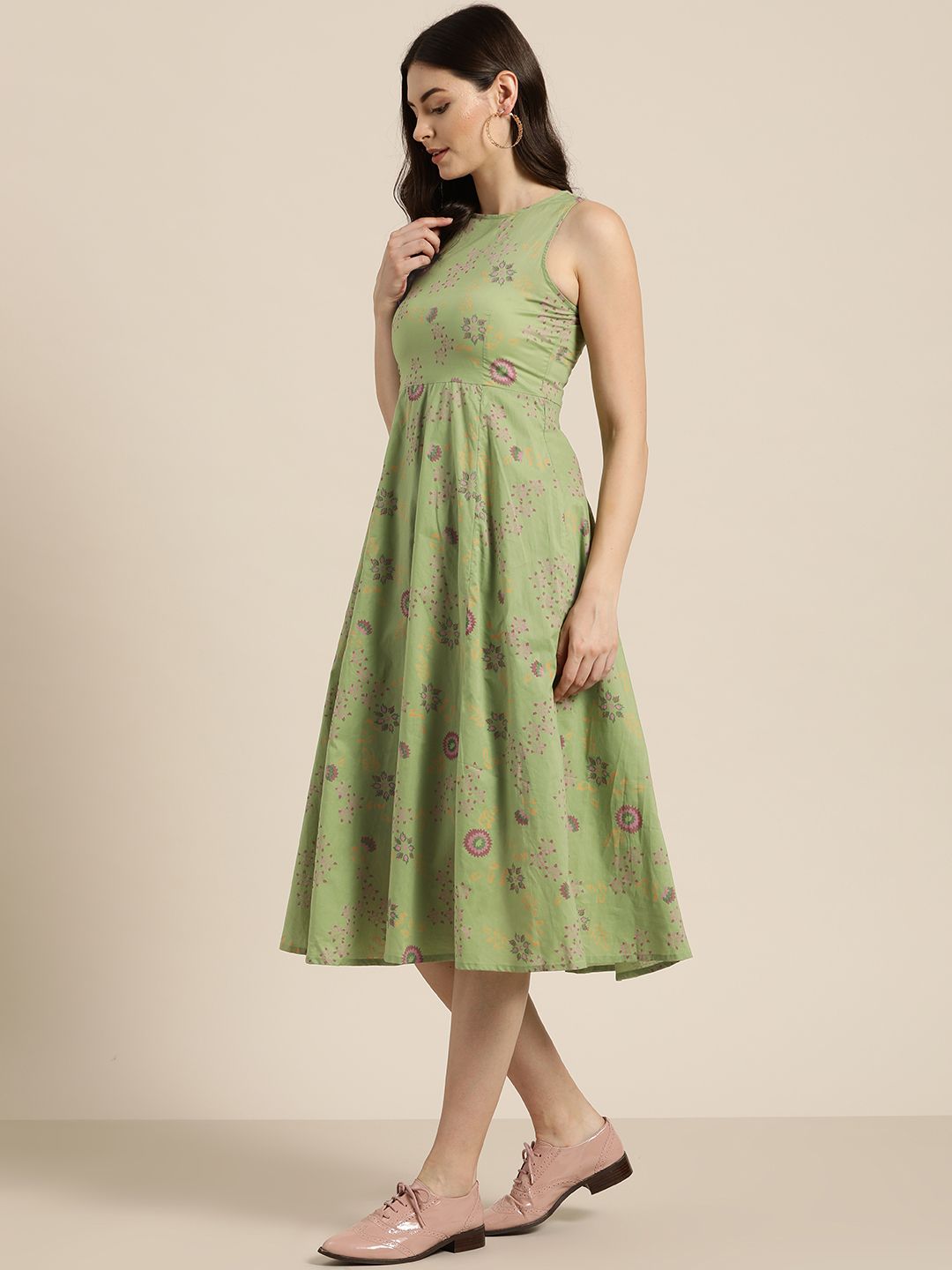 Shae by SASSAFRAS Women Green & Pink Printed Anarkali Kurta