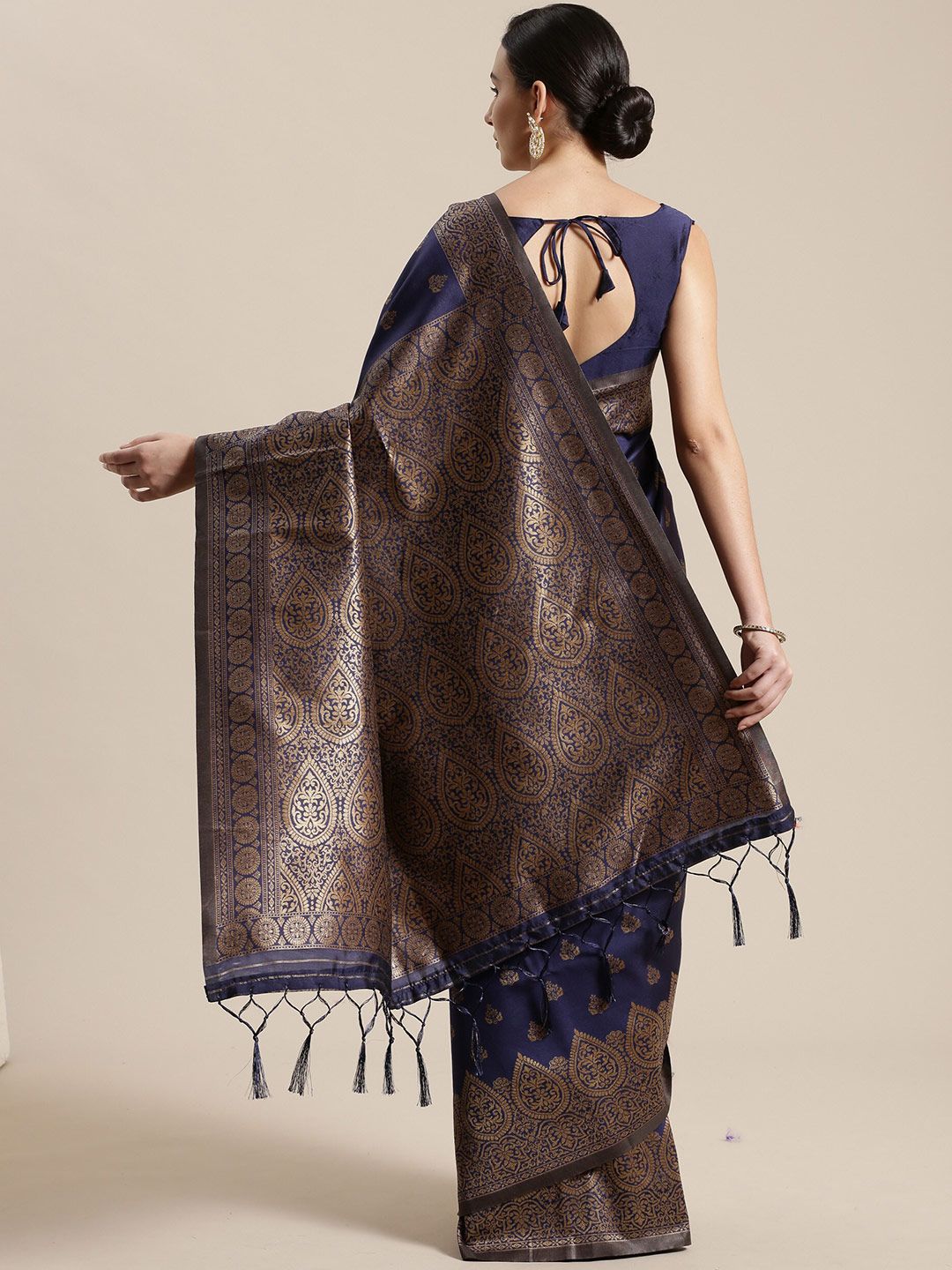 Saree mall Navy Blue & Gold-Toned Woven Design Silk Blend Sarees