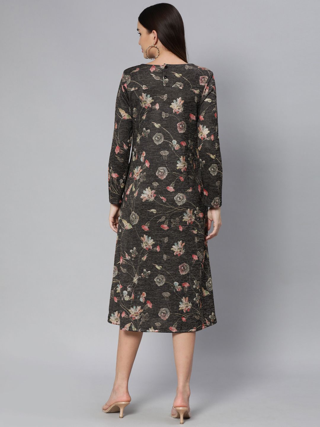 Global Desi Women Charcoal Grey Floral Printed Midi A-Line Dress