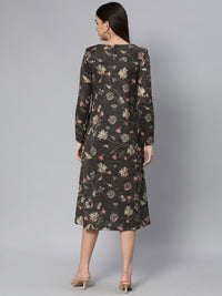 Global Desi Women Charcoal Grey Floral Printed Midi A-Line Dress