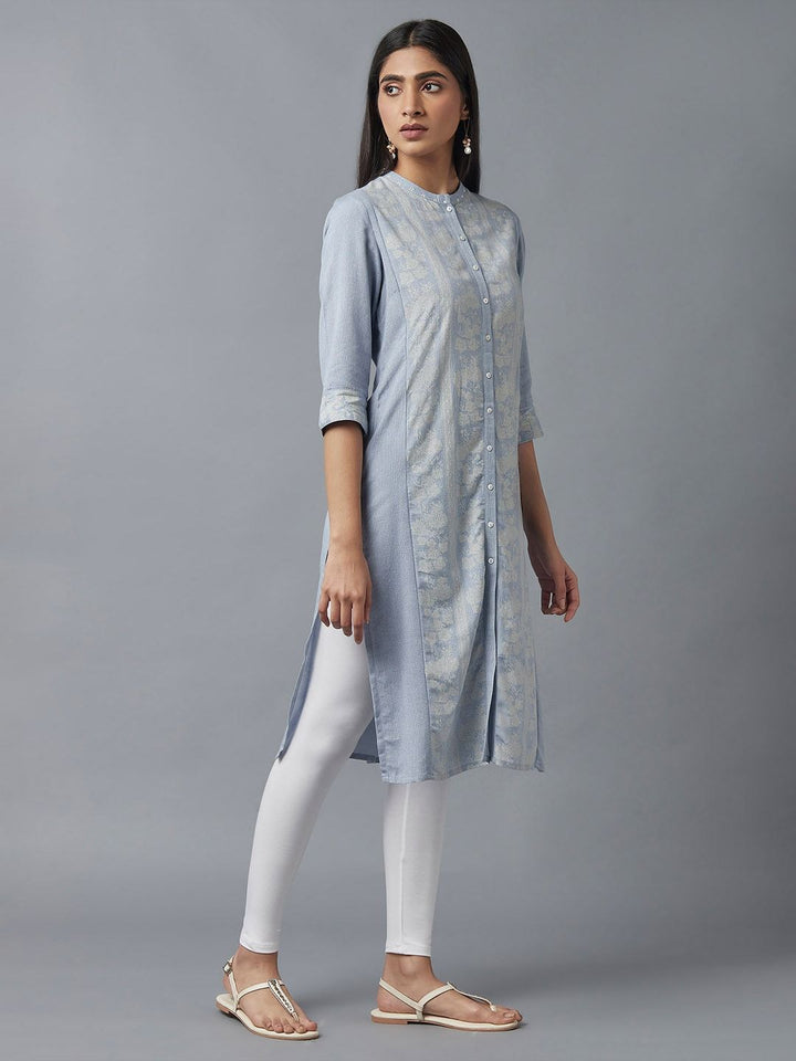 W Women Blue & White Ethnic Motifs Printed Thread Work Kurta