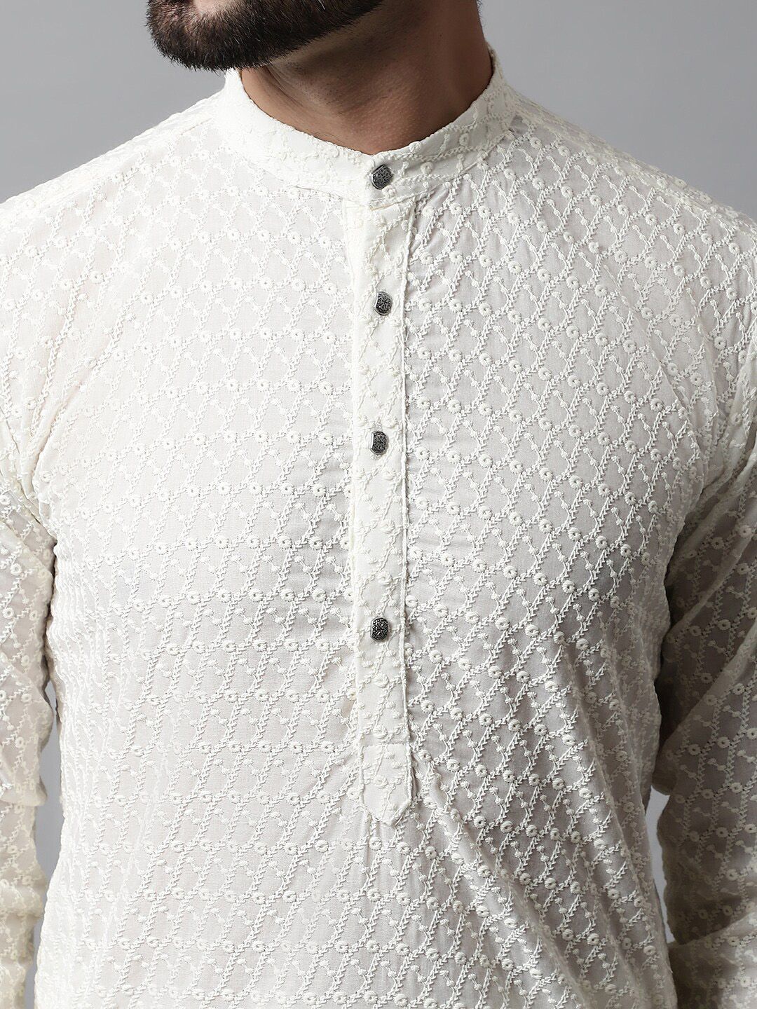 Jompers Men Cream-Coloured Geometric Thread Work Kurta