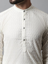 Jompers Men Cream-Coloured Geometric Thread Work Kurta