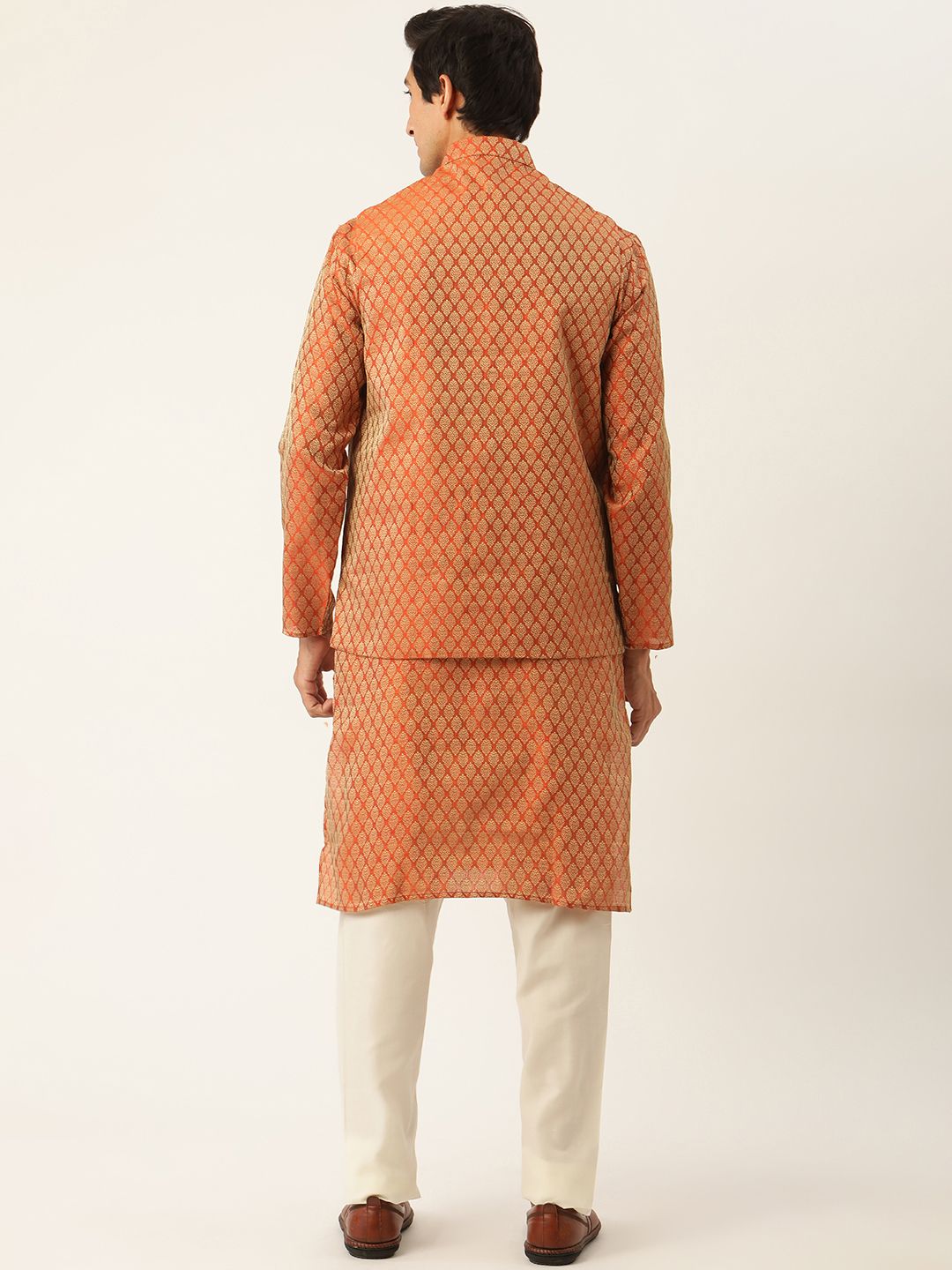 SOJANYA Men Rust Orange & Off-White Jacquard Kurta with Churidar & Nehru Jacket