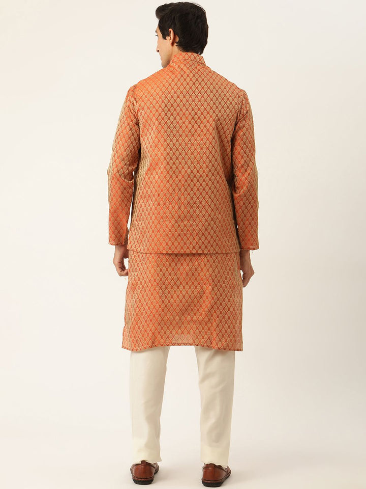 SOJANYA Men Rust Orange & Off-White Jacquard Kurta with Churidar & Nehru Jacket