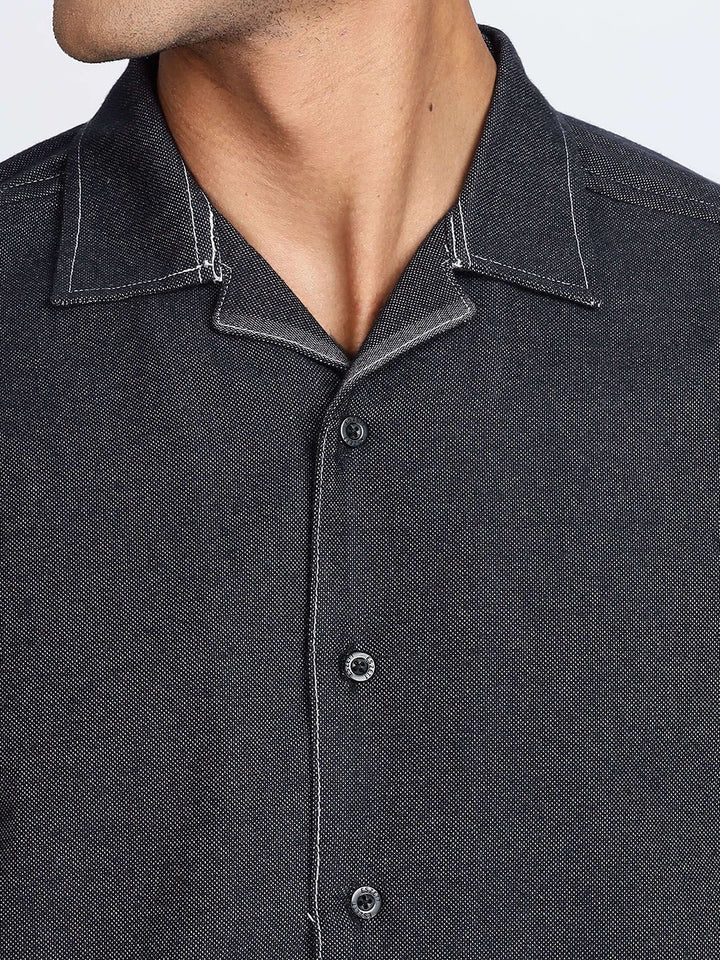 Eszett Black Textured Spread Collar Pure Cotton Shirt With Shorts Co-Ord Set