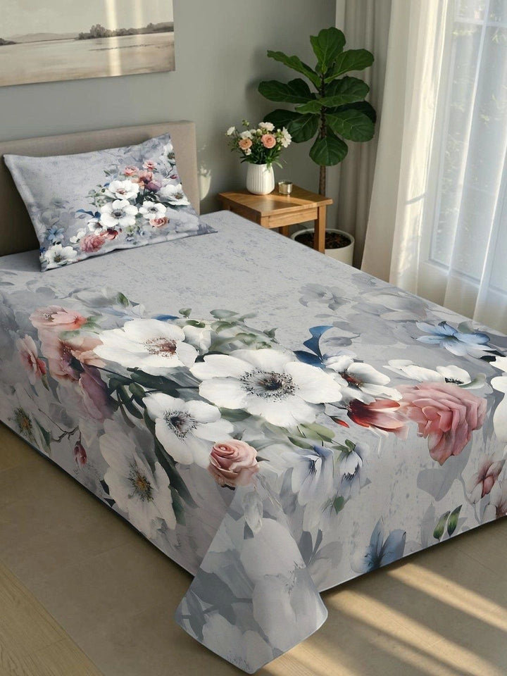 Moda Rapido X KLOTTHE Grey & White Floral 400 TC Single Bedsheet with 1 Pillow Covers