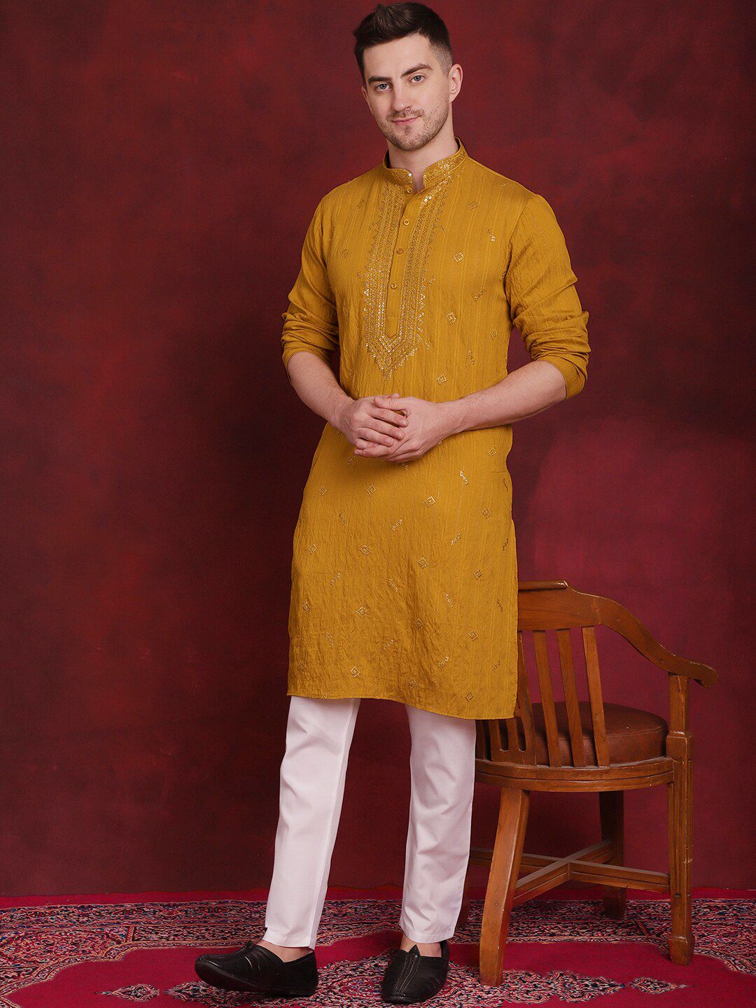 Jompers Yellow Embroidered Regular Sequinned Straight Kurta With Pyjamas