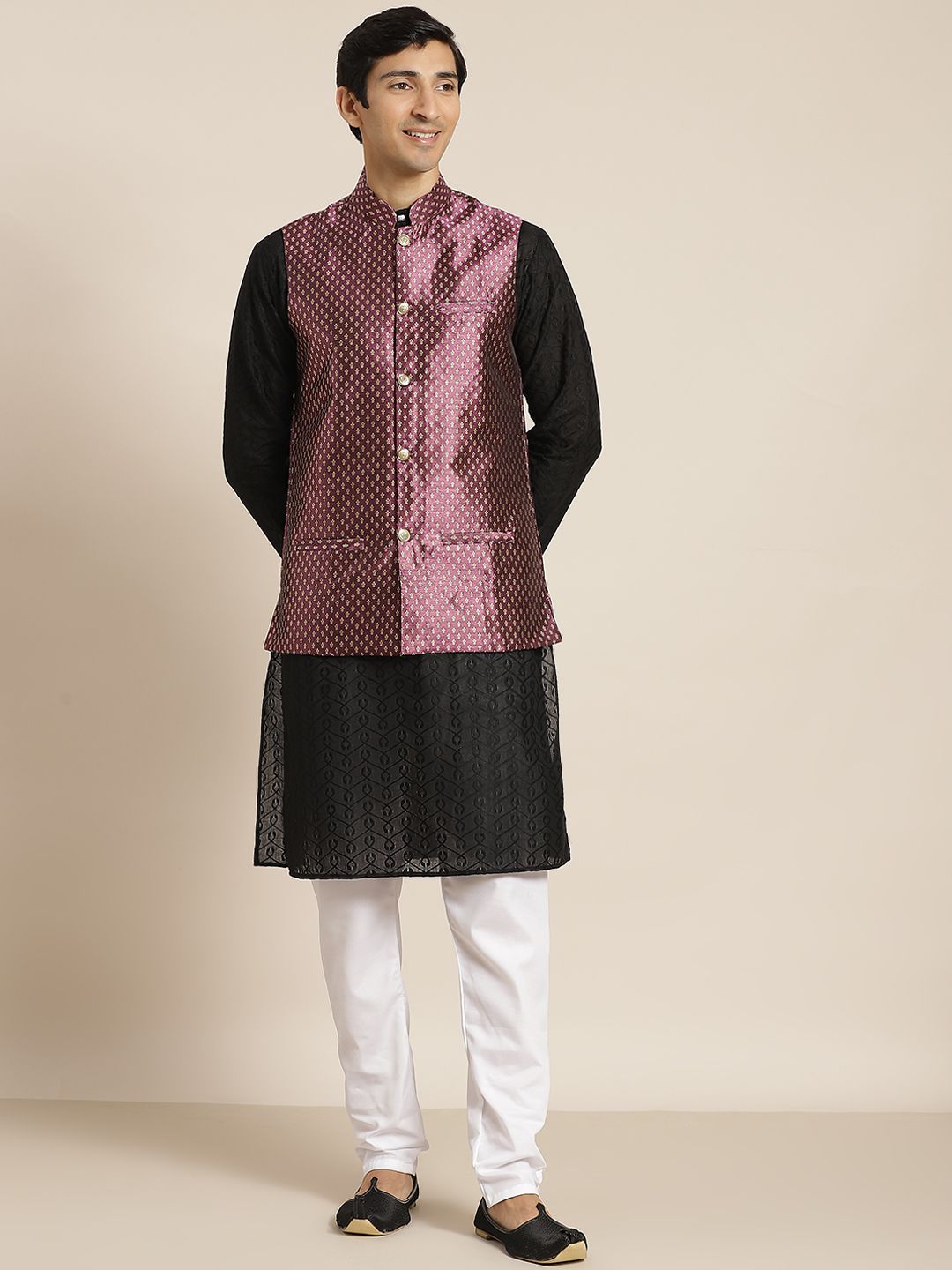 SOJANYA Men Black Chikankari Pure Cotton Kurta with Churidar & Nehru Jacket