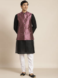 SOJANYA Men Black Chikankari Pure Cotton Kurta with Churidar & Nehru Jacket