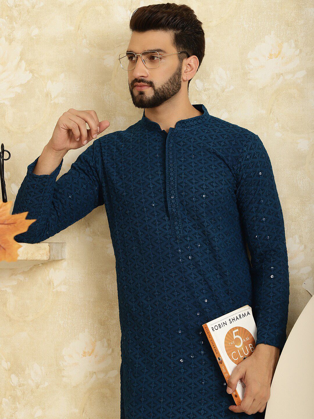 SOJANYA Embroidered Sequinned Mandarin Collar Pure Cotton Kurta