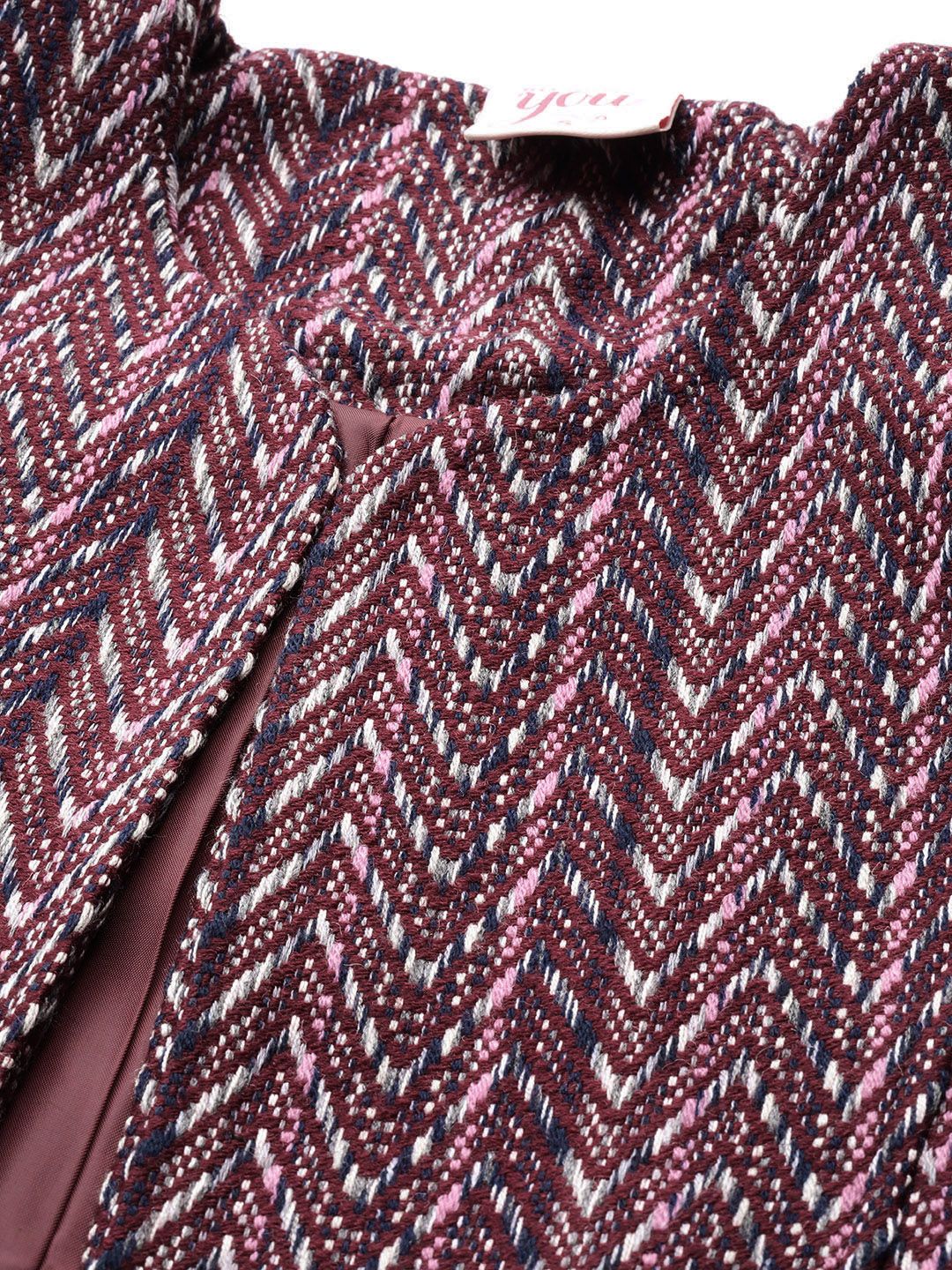 all about you Women Maroon Navy Blue Striped Open Front Jacket