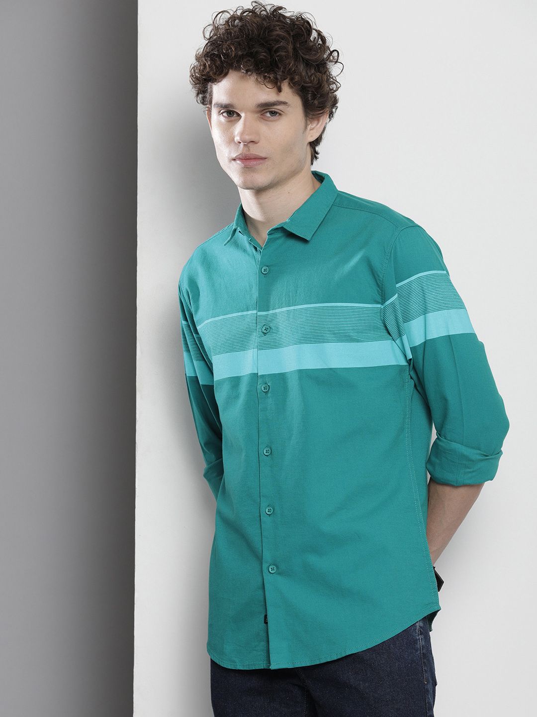 The Indian Garage Co Men Teal Horizontal Striped Cotton Casual Shirt