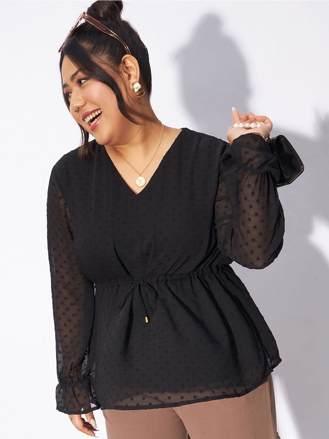 SASSAFRAS Curve Plus Size Self Design V-Neck Peplum Top