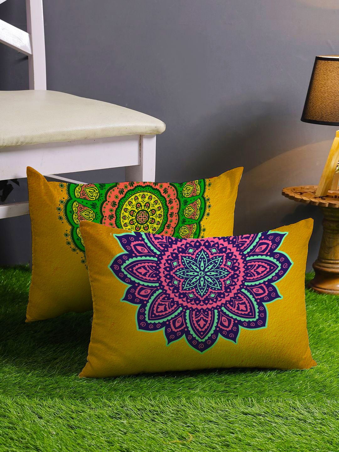 STITCHNEST Pack Of 2 Yellow Ethnic Motifs Printed Rectangle Cushion Cover
