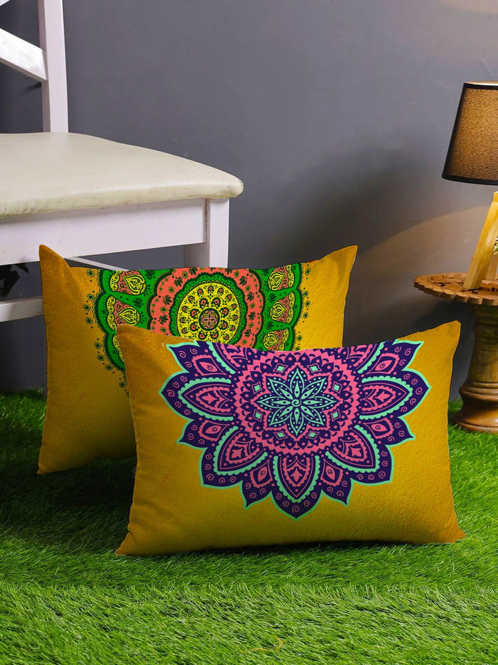 STITCHNEST Pack Of 2 Yellow Ethnic Motifs Printed Rectangle Cushion Cover