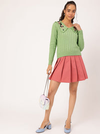 DressBerry Pure Acrylic Embroidered Detail Cable Knit Pullover