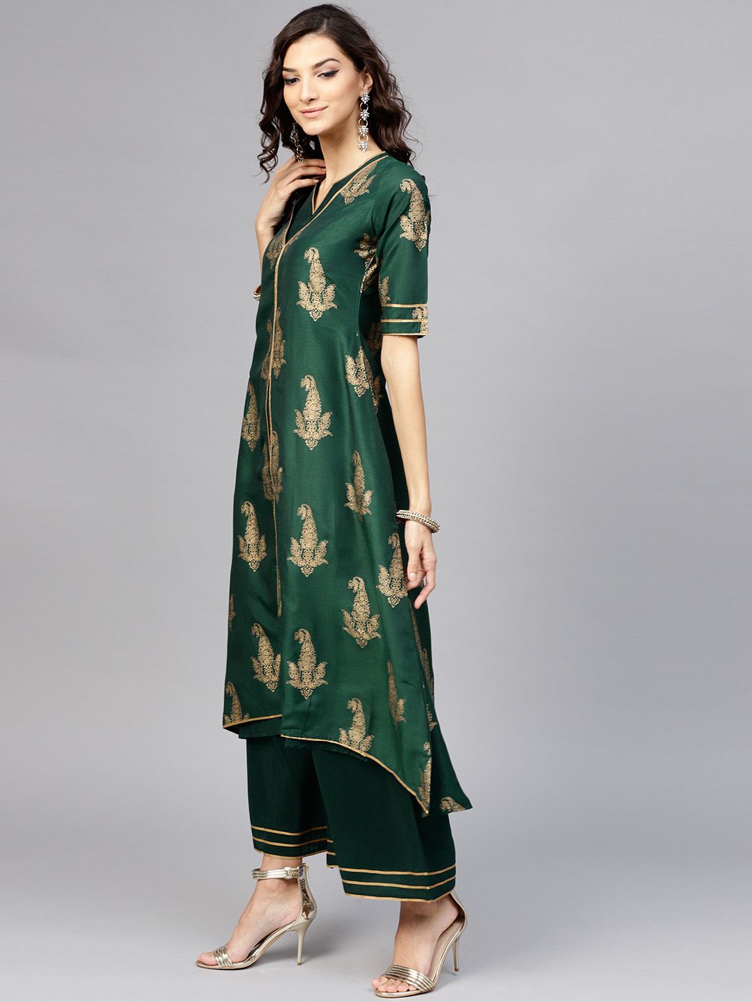 Libas Women Green & Golden Block Print Layered Kurta with Palazzos
