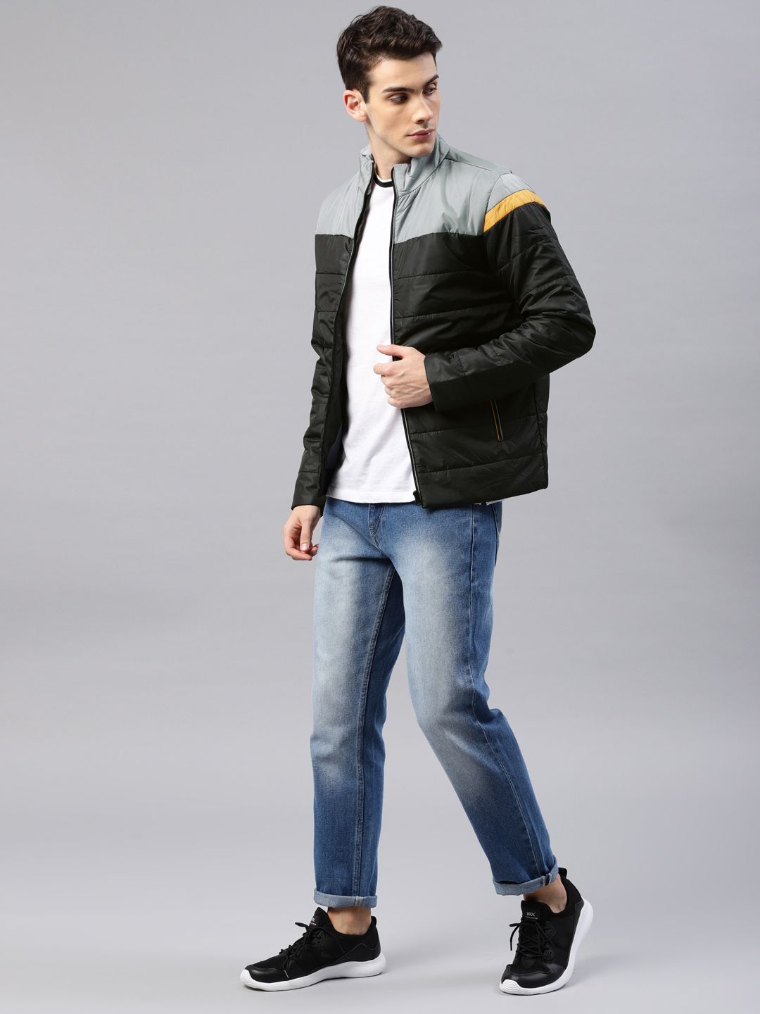 HRX by Hrithik Roshan Men Black & Grey Colourblocked Padded Jacket